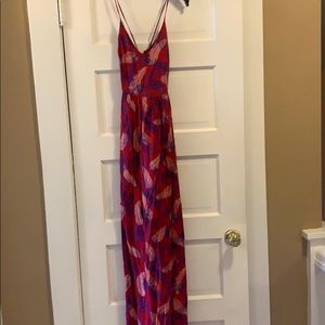 Red, White & Blue Feather Open Back Maxi Dress